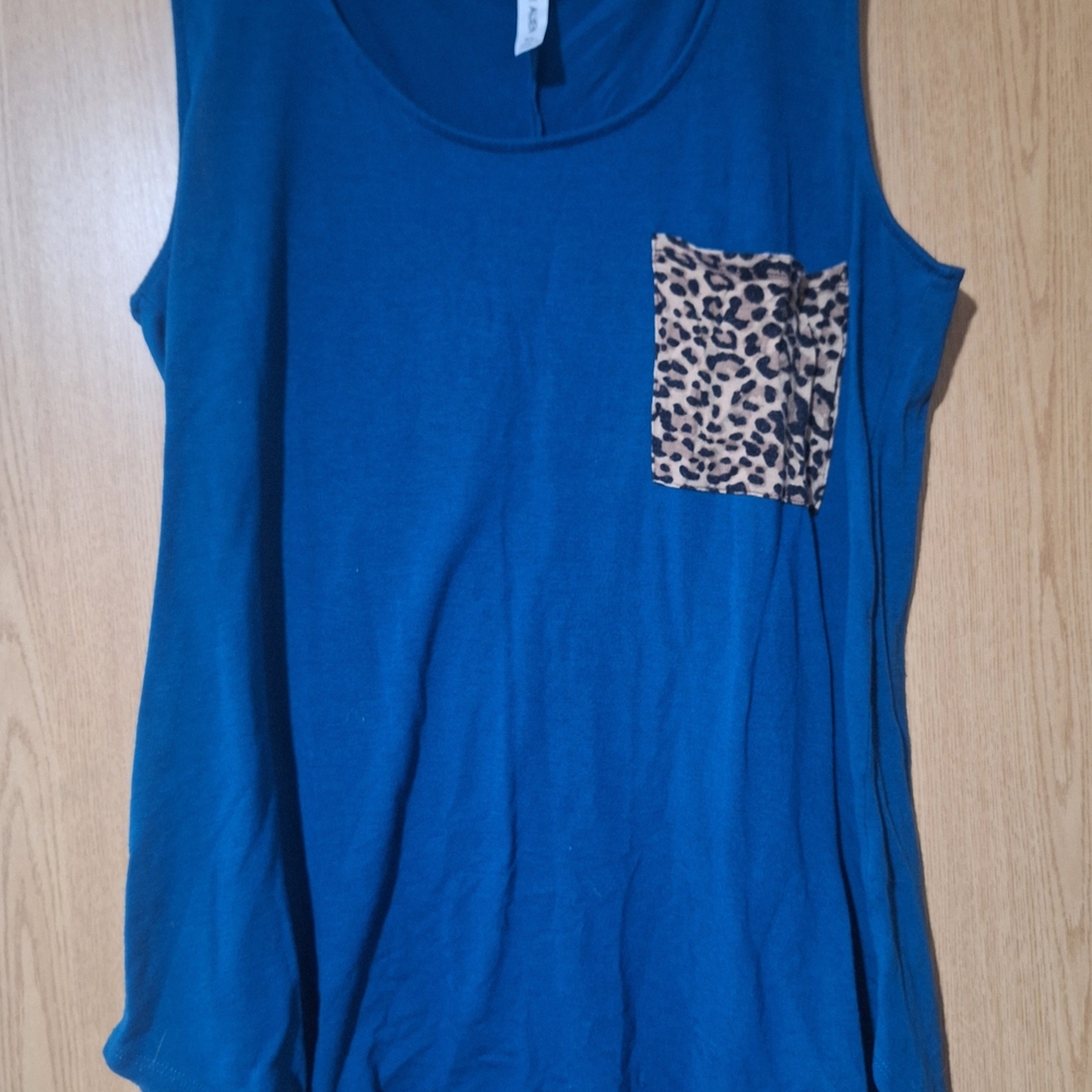 Blue Sleeveless Top with Leopard Pocket